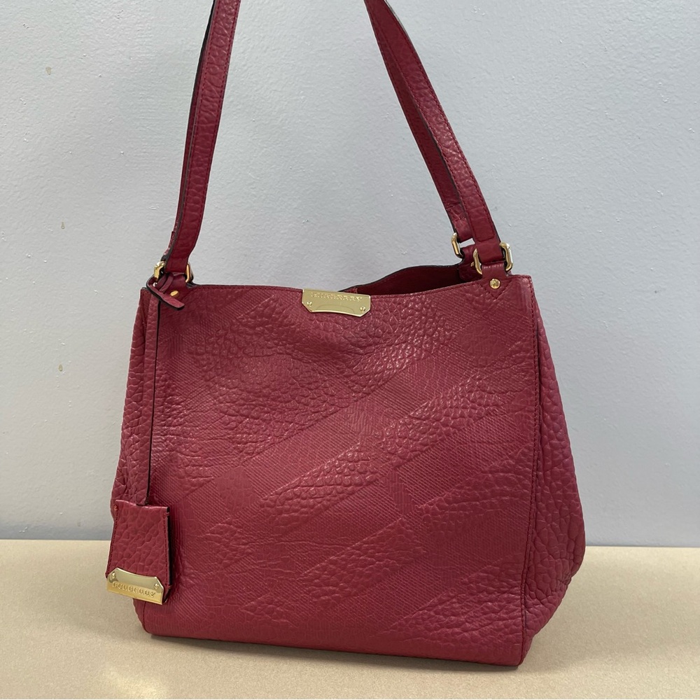 Burberry Red Embossed Check Grain Leather Small Canterbury Tote Bag - Preowned - Picture 2 of 16